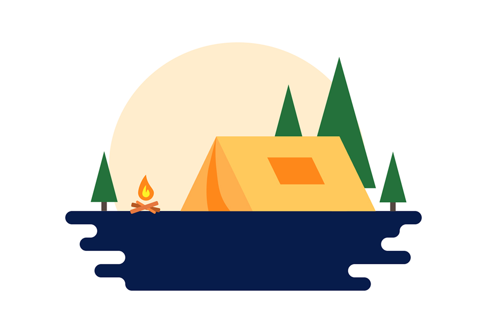 Illustratie van een kampvuur met tent, bomen en vuur
