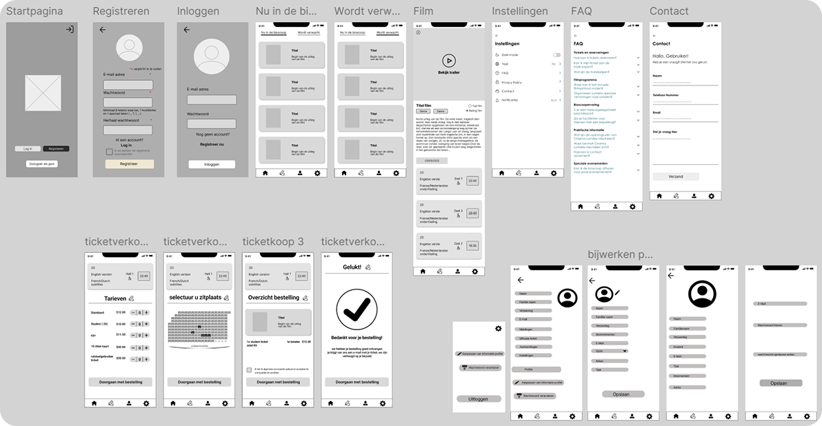 Overzicht van de groepswireframes voor de Lumière-app