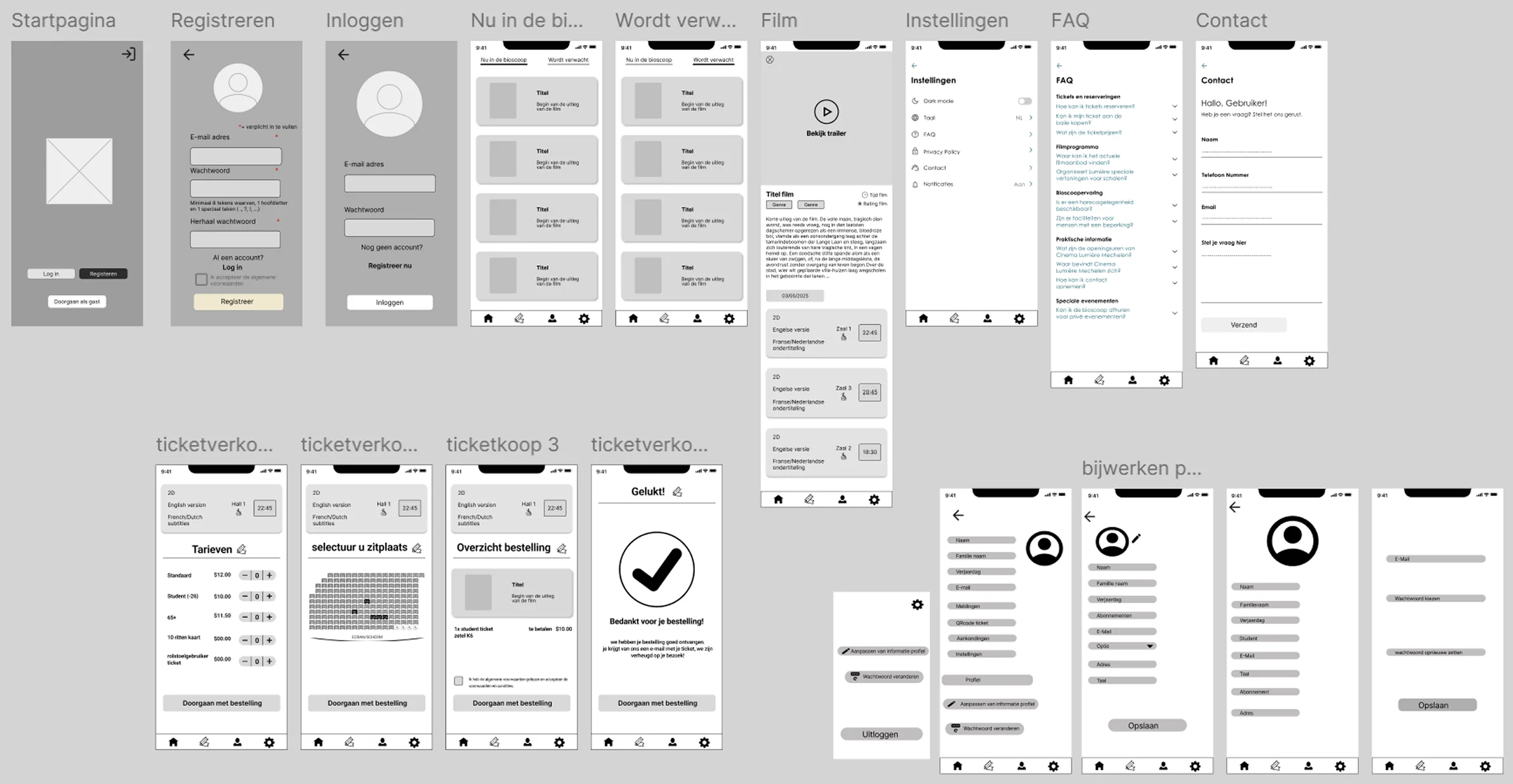 Overzicht van de groepswireframes voor de Lumière-app