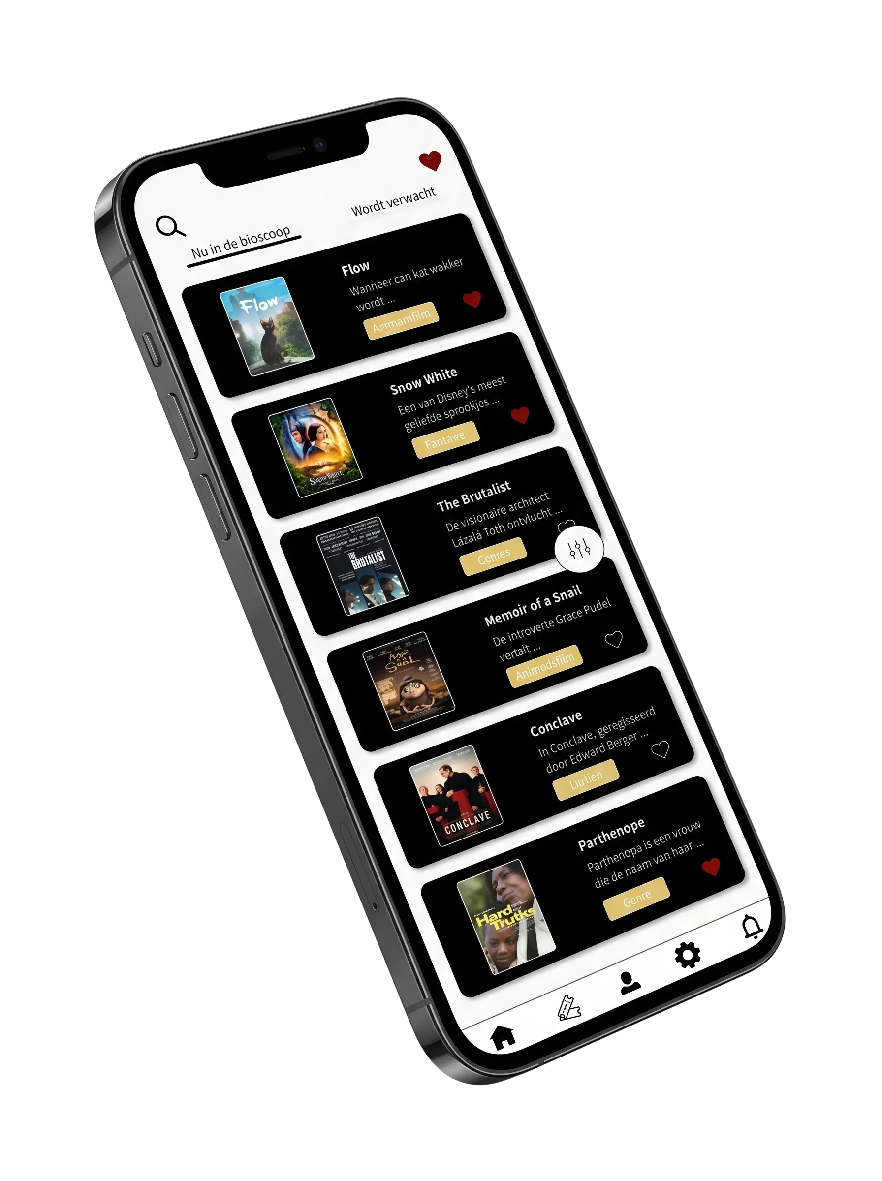 Mobiele Lumière Cinema-app met een overzicht van films die nu in de bioscoop spelen