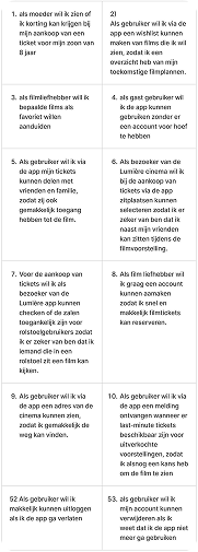 Eerste overzicht van user stories voor de Lumière-app