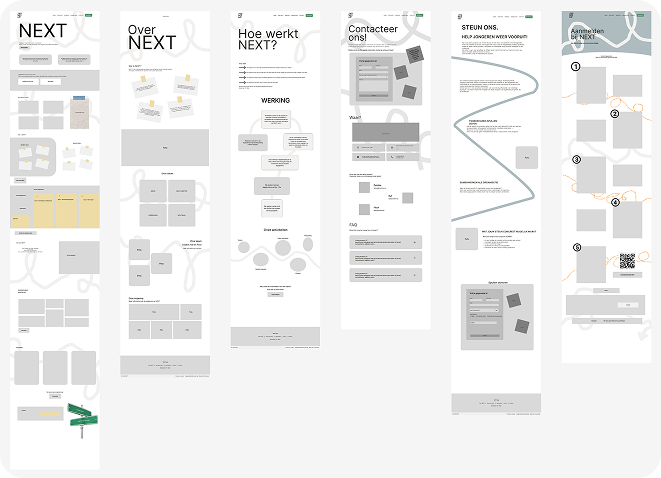 Eerste wireframe-iteratie van de Project NEXT-website