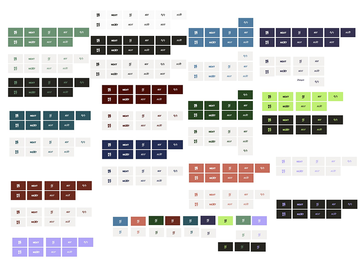 Overzicht van kleurcombinaties en logo-variaties voor Project NEXT